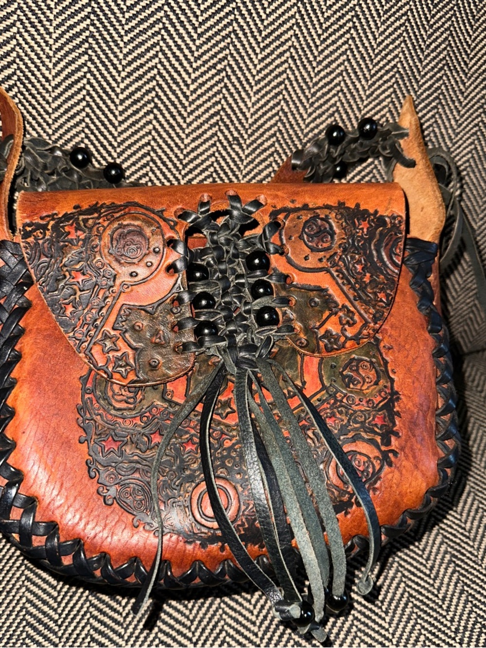 Hand-Tooled Leather Brown Crossbody Bag with Black Trim
